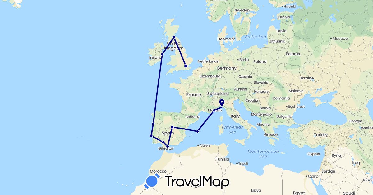 TravelMap itinerary: driving in Spain, France, United Kingdom, Ireland, Italy, Portugal (Europe)